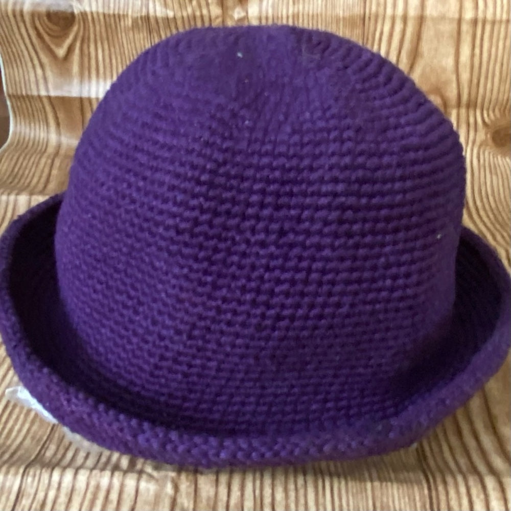 Elegant, Purple Knitted Fedora Hat with Rhinestones Brooch Accent