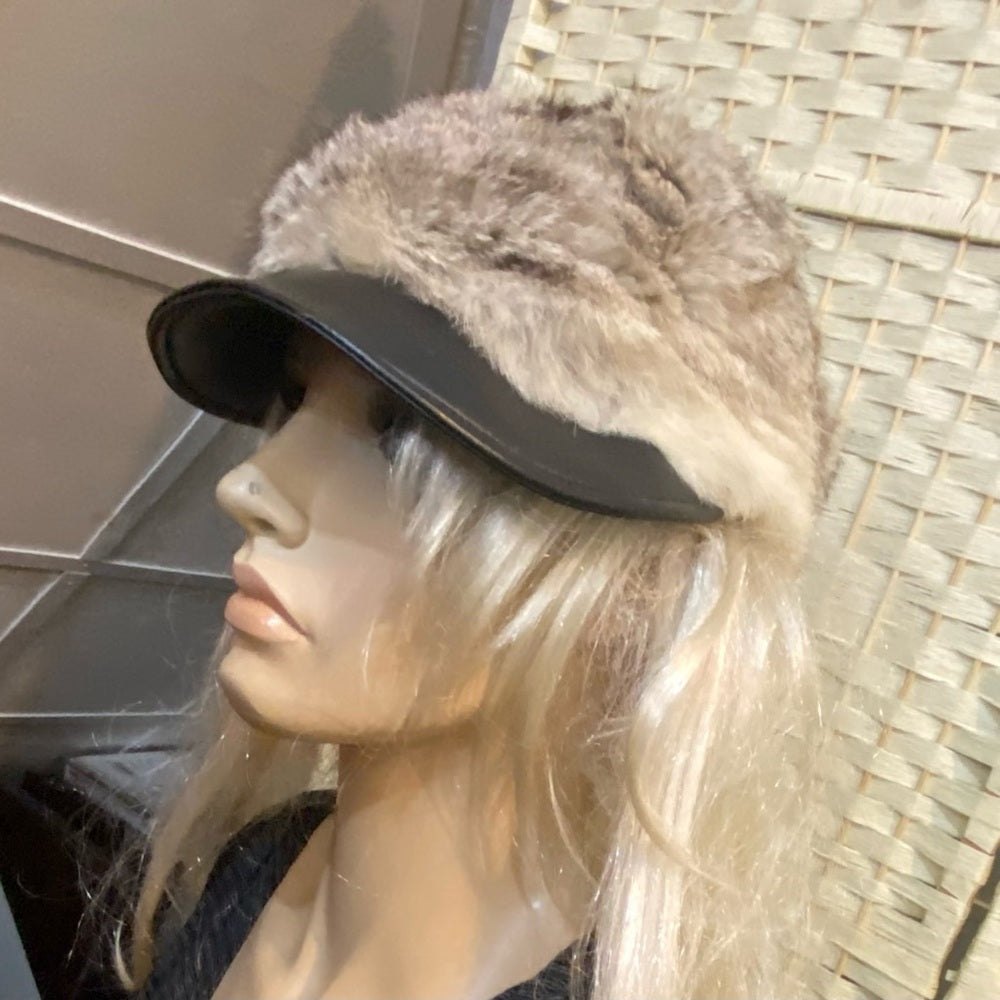 Beautiful, Rabbit Hair -Black Leather Hat- Cap