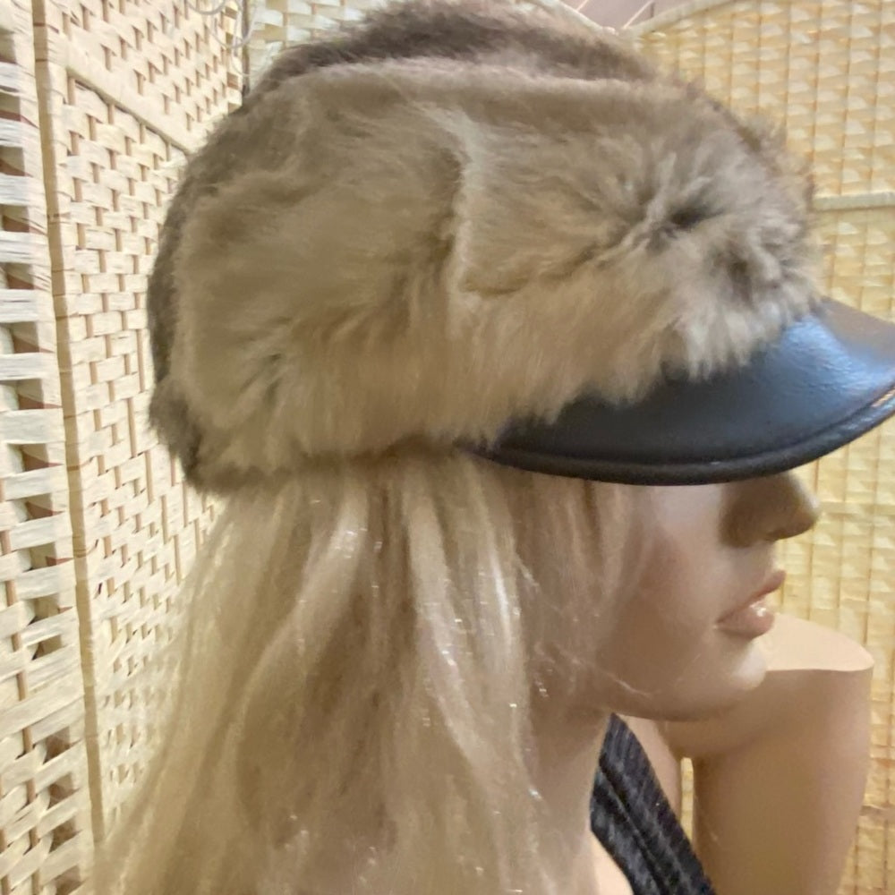 Beautiful, Rabbit Hair -Black Leather Hat- Cap