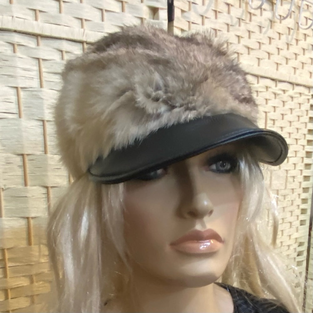 Beautiful, Rabbit Hair -Black Leather Hat- Cap