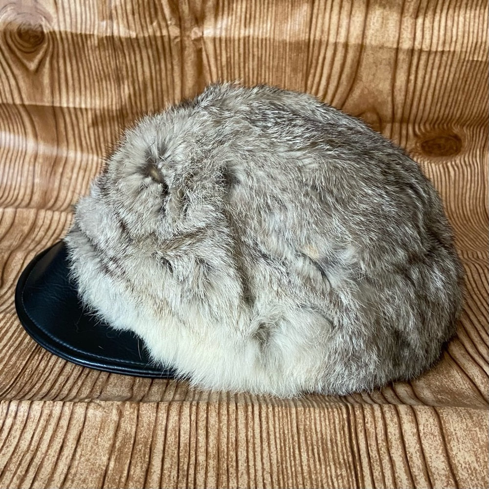 Beautiful, Rabbit Hair -Black Leather Hat- Cap