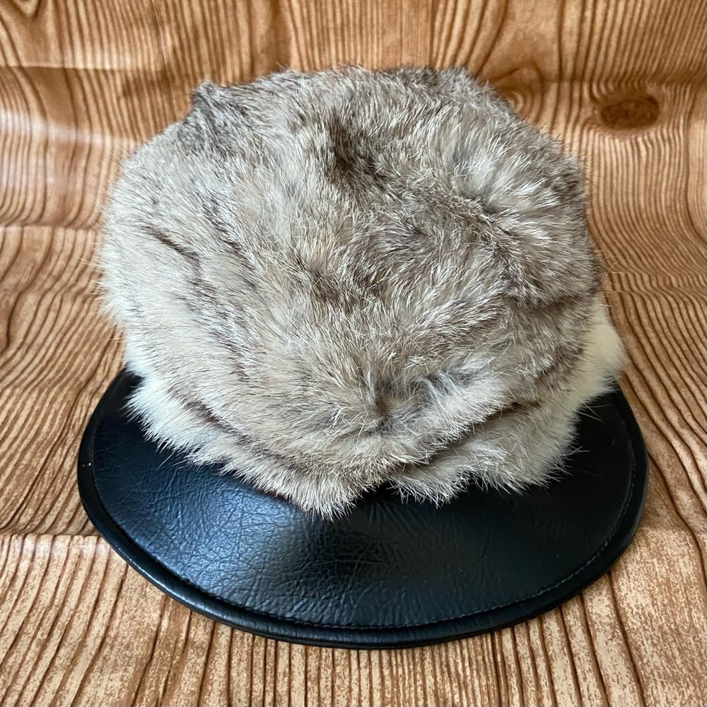 Beautiful, Rabbit Hair -Black Leather Hat- Cap