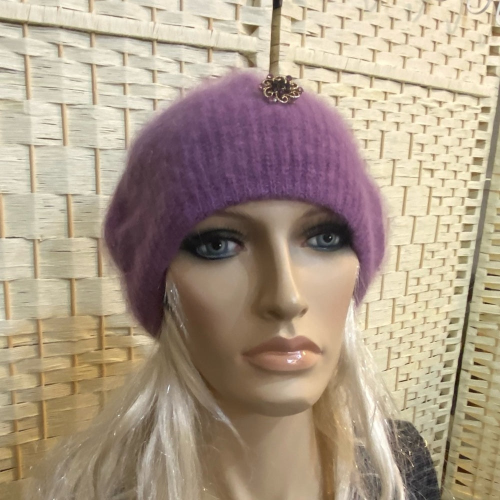 Elegant. Aris -USA , Purple Angora Cloche Beanie Hat with Rhinestones