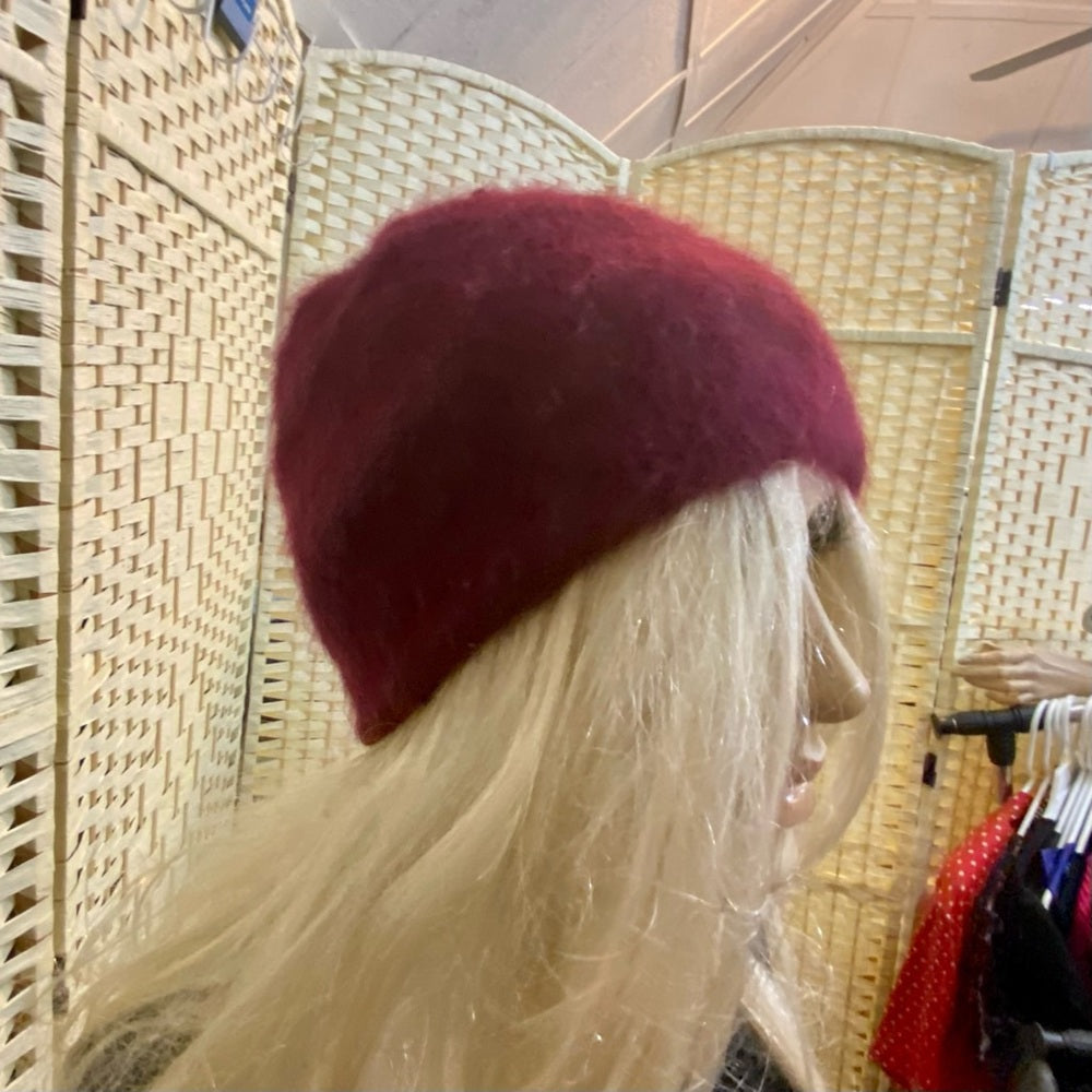 Beautiful, Fair Weather, Burgundy Angora Knitted Beanie Hat with Floral Accent