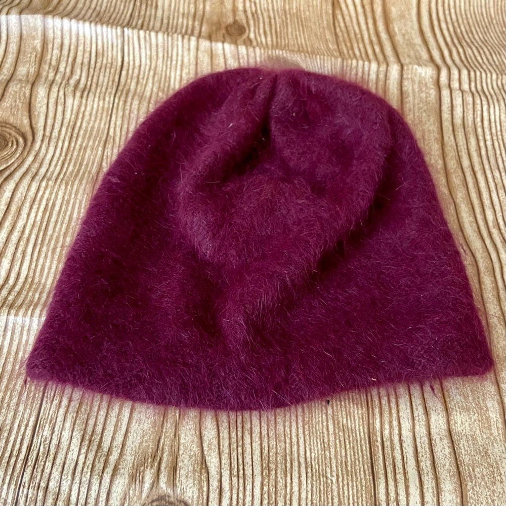 Beautiful, Fair Weather, Burgundy Angora Knitted Beanie Hat with Floral Accent