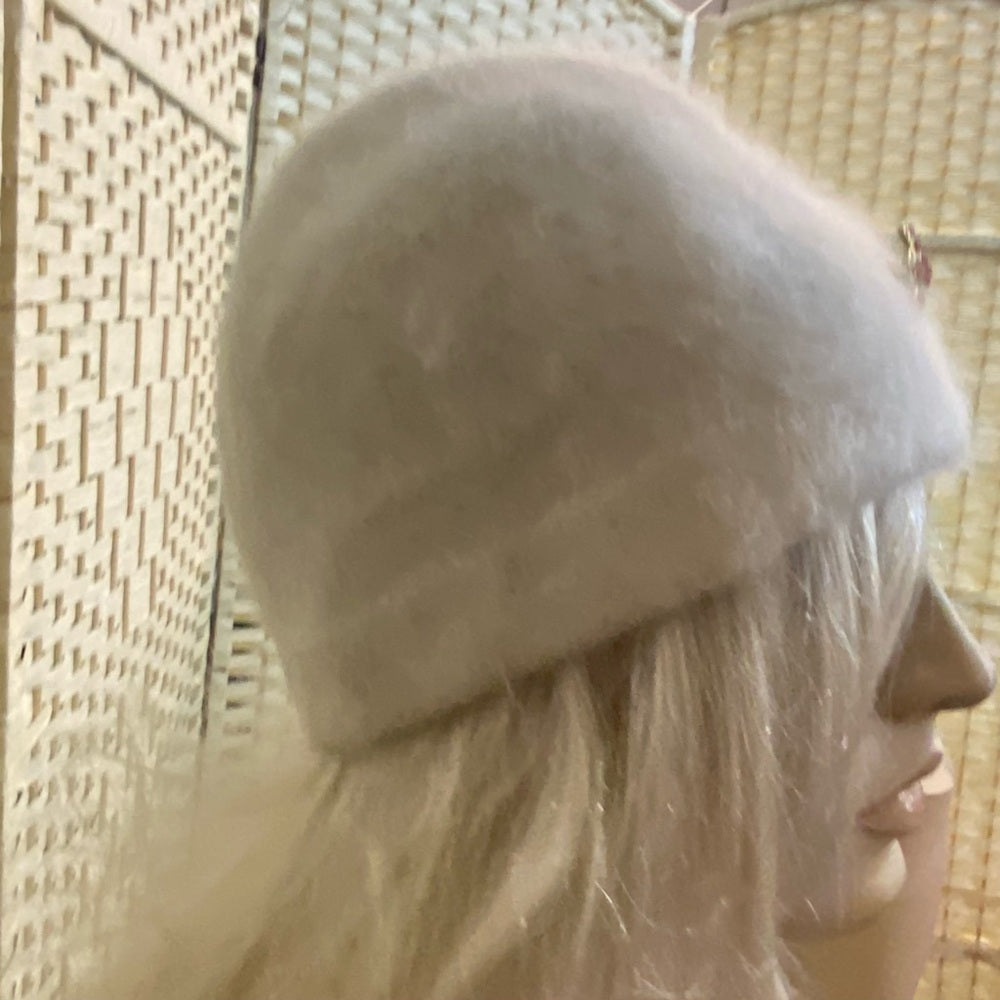 Elegant Angora-Wool Antique White Beanie Hat