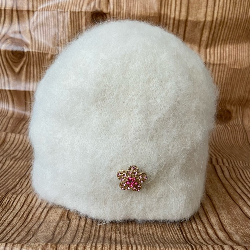 Elegant Angora-Wool Antique White Beanie Hat