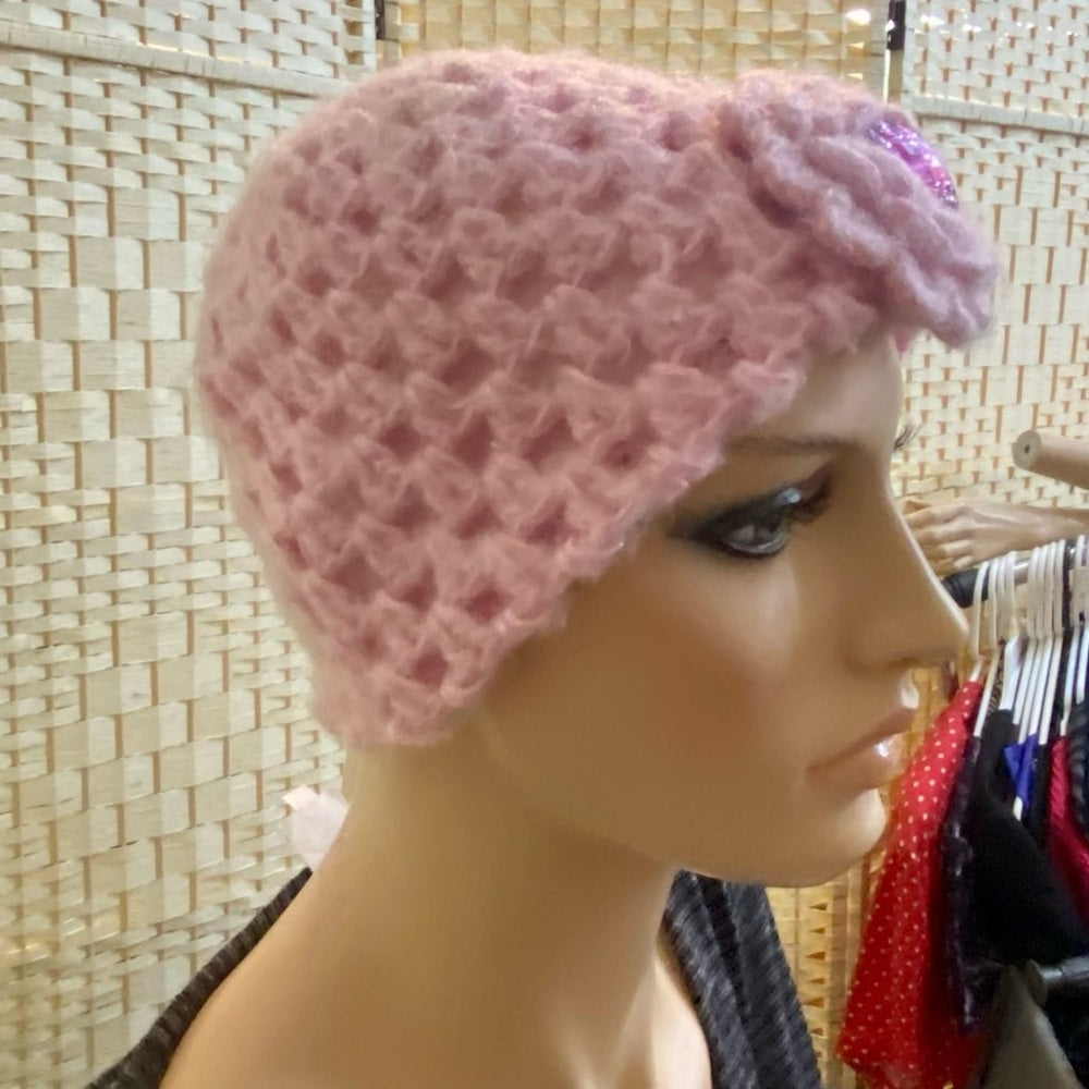 Girl Connection - Pink Knitted Beanie Hat with Floral Accent (S)