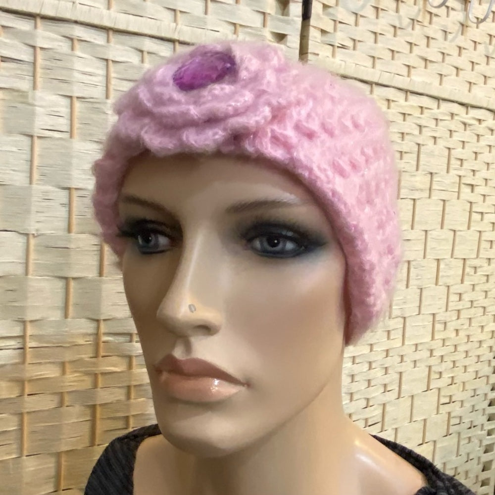 Girl Connection - Pink Knitted Beanie Hat with Floral Accent (S)