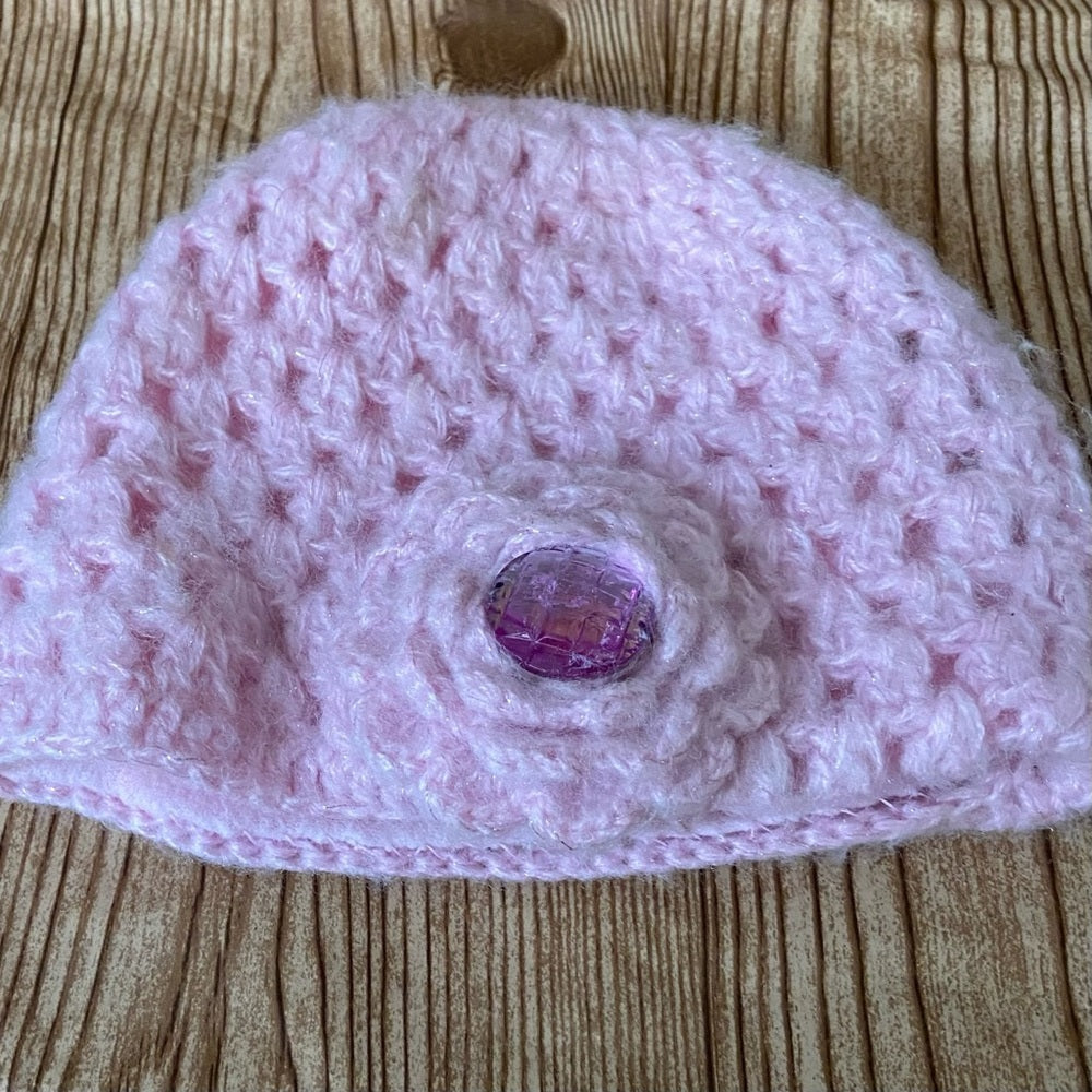 Girl Connection - Pink Knitted Beanie Hat with Floral Accent (S)