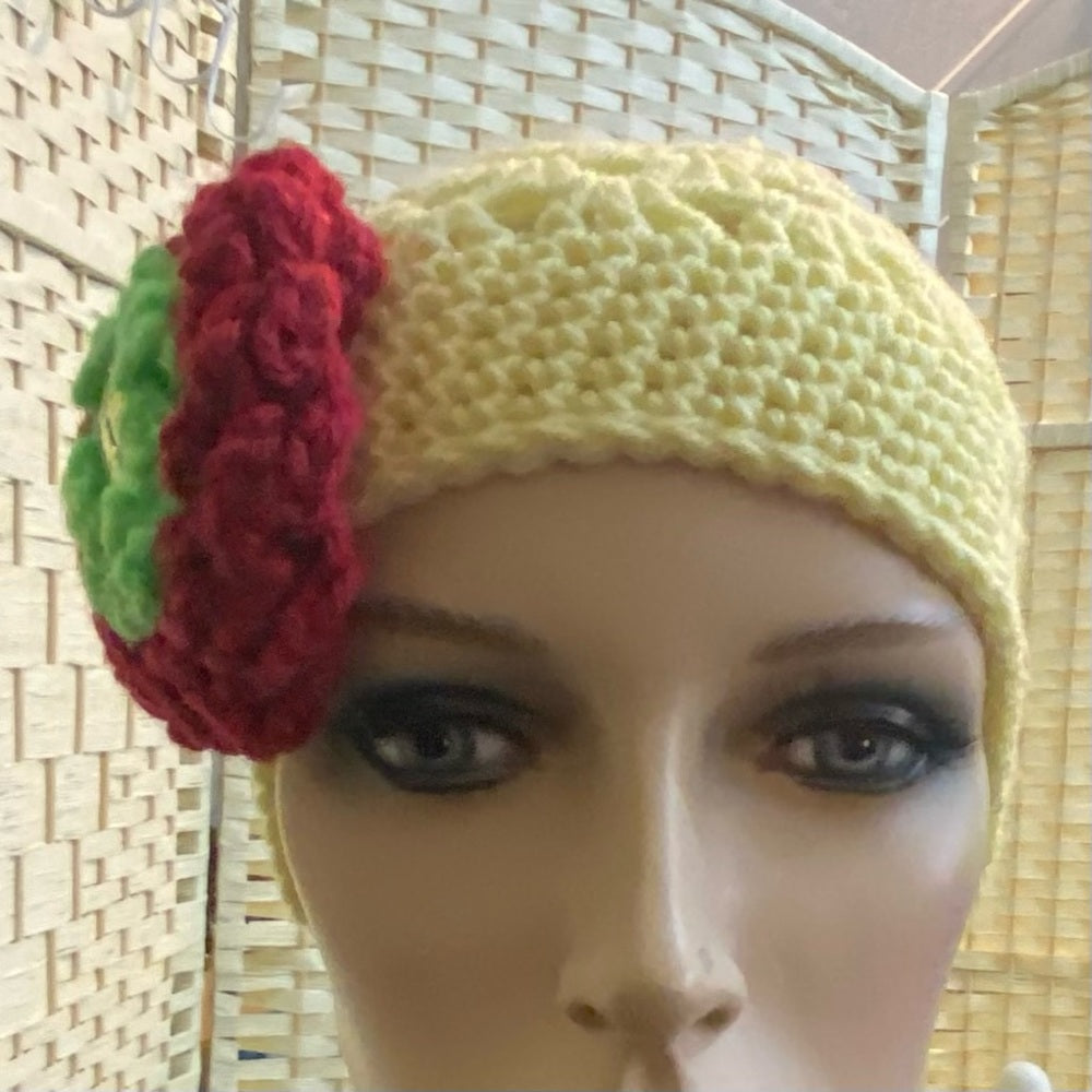 Elegant, Tri-color Knitted- Yellow Beanie Hat with Burgundy Floral Accent (S)