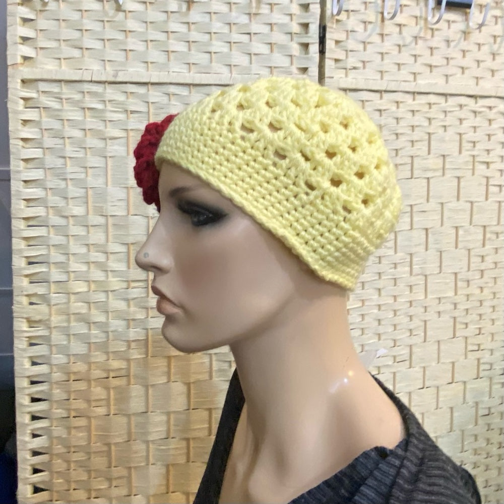 Elegant, Tri-color Knitted- Yellow Beanie Hat with Burgundy Floral Accent (S)