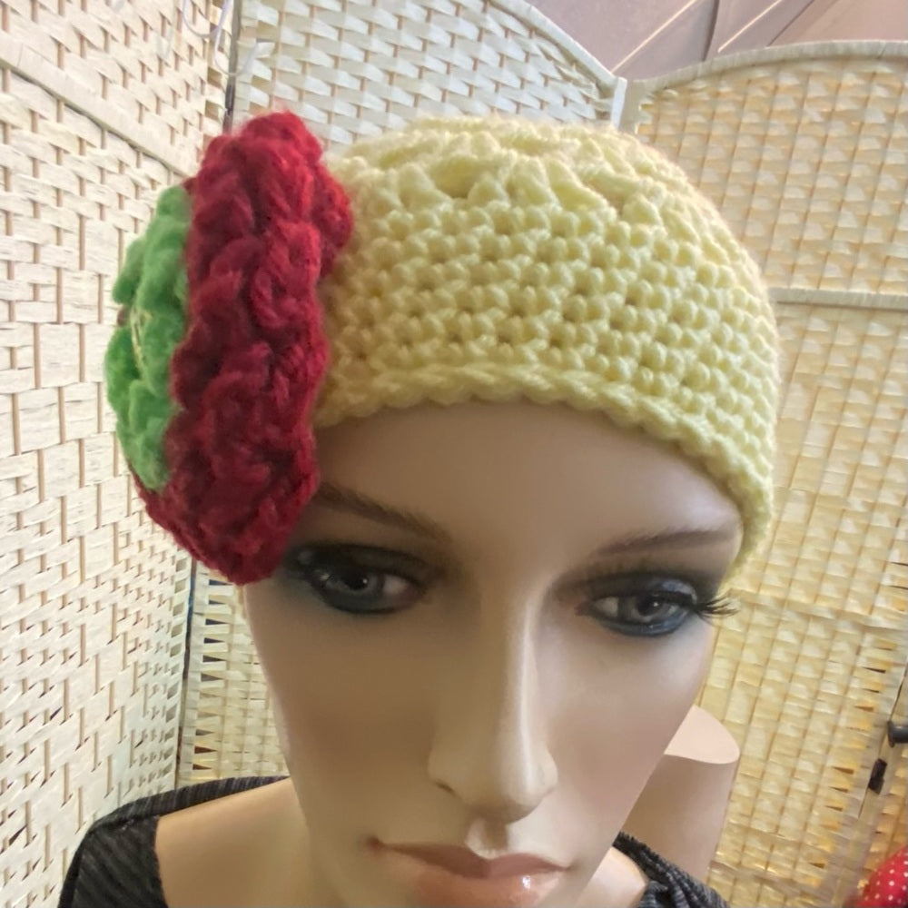 Elegant, Tri-color Knitted- Yellow Beanie Hat with Burgundy Floral Accent (S)