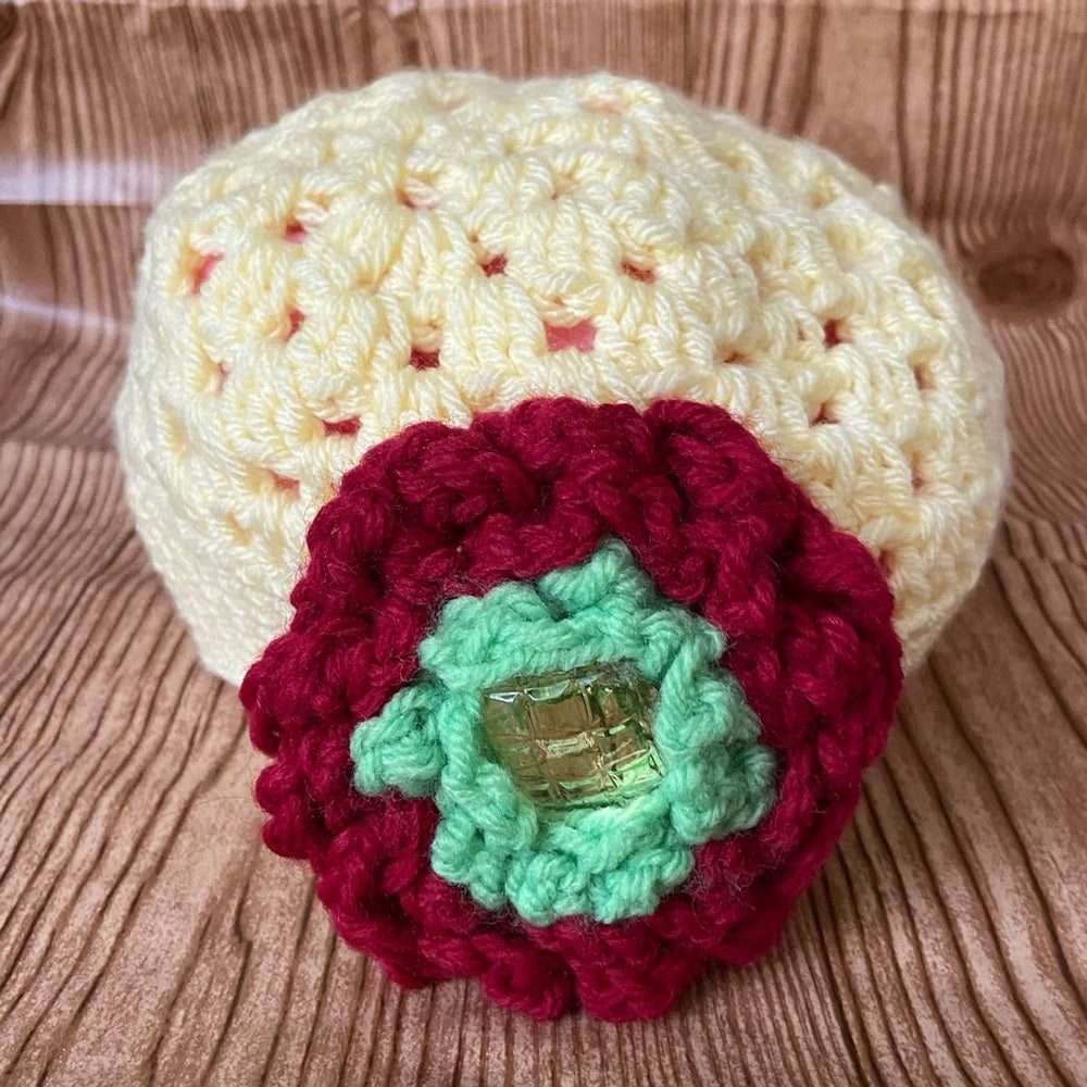 Elegant, Tri-color Knitted- Yellow Beanie Hat with Burgundy Floral Accent (S)