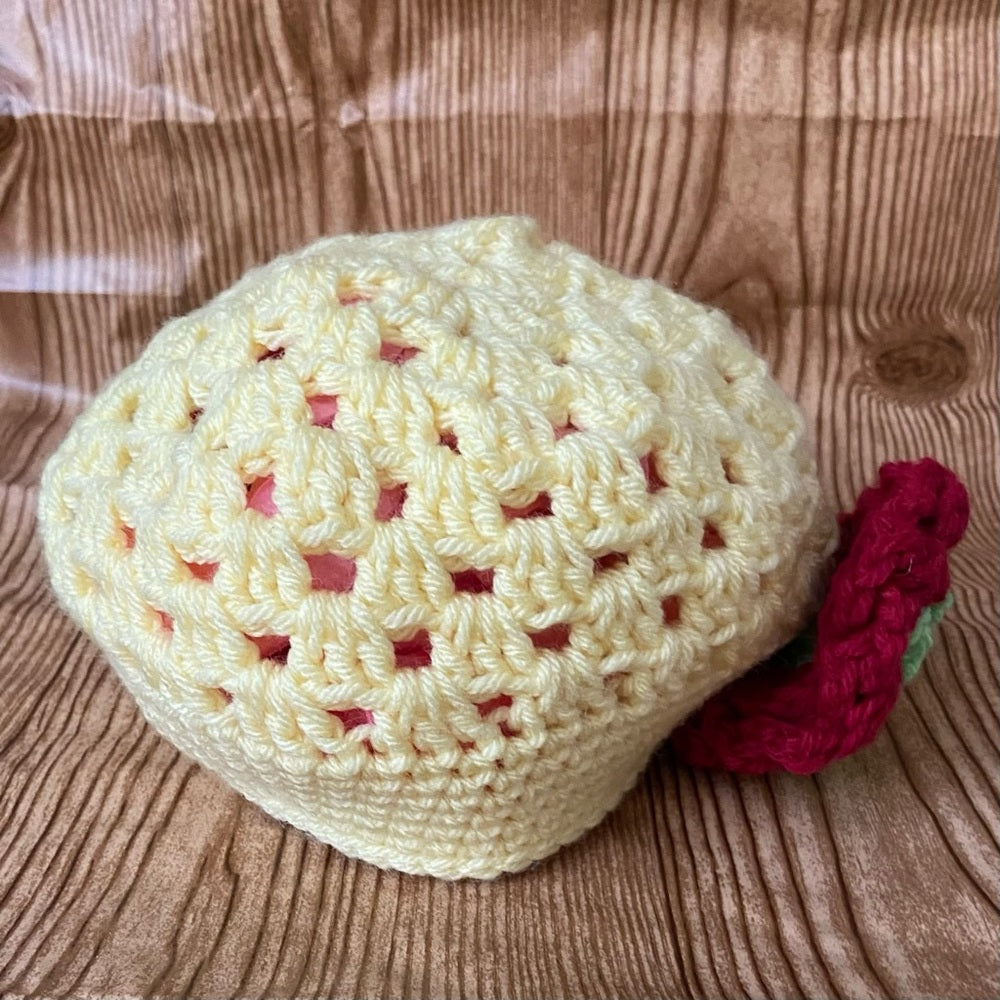 Elegant, Tri-color Knitted- Yellow Beanie Hat with Burgundy Floral Accent (S)