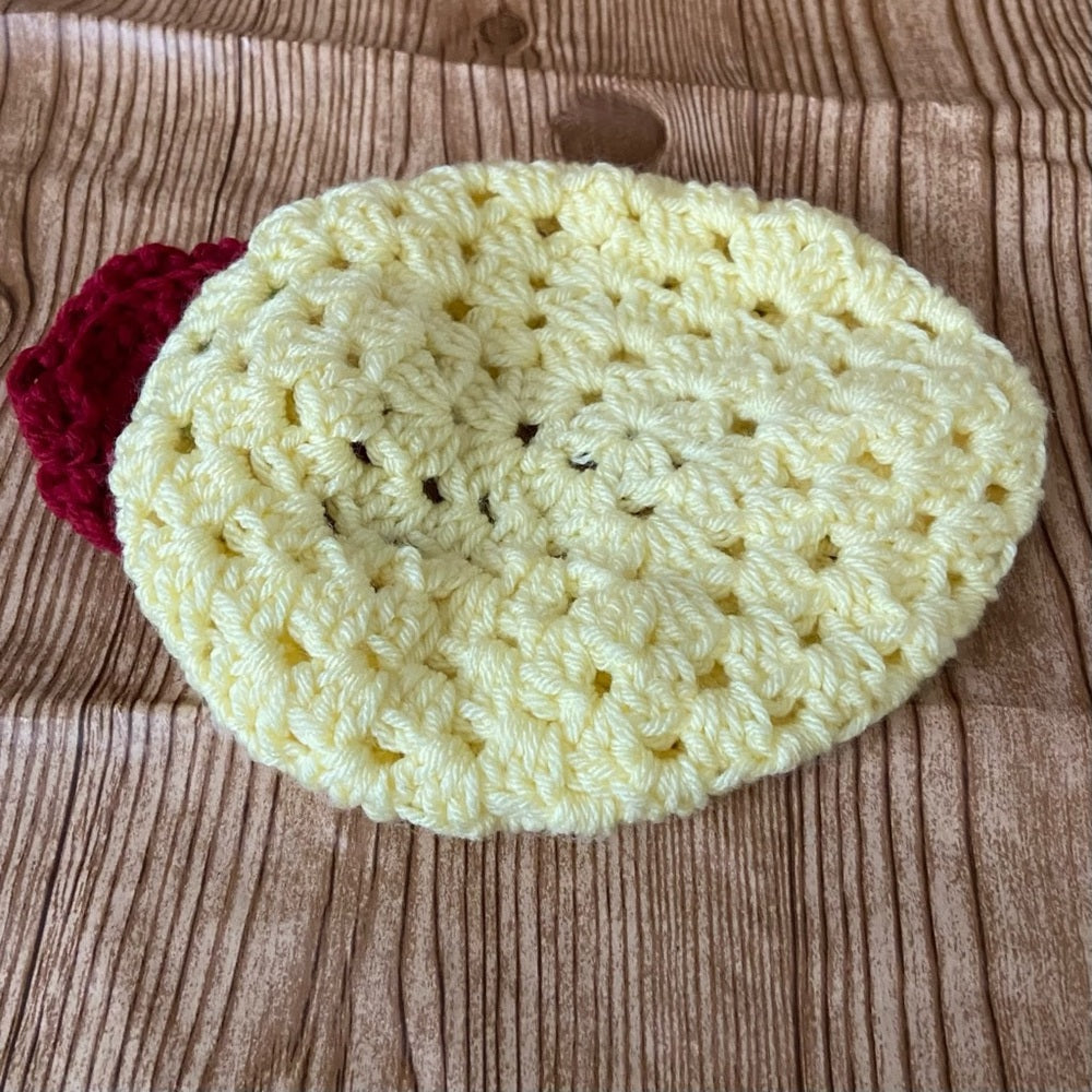 Elegant, Tri-color Knitted- Yellow Beanie Hat with Burgundy Floral Accent (S)
