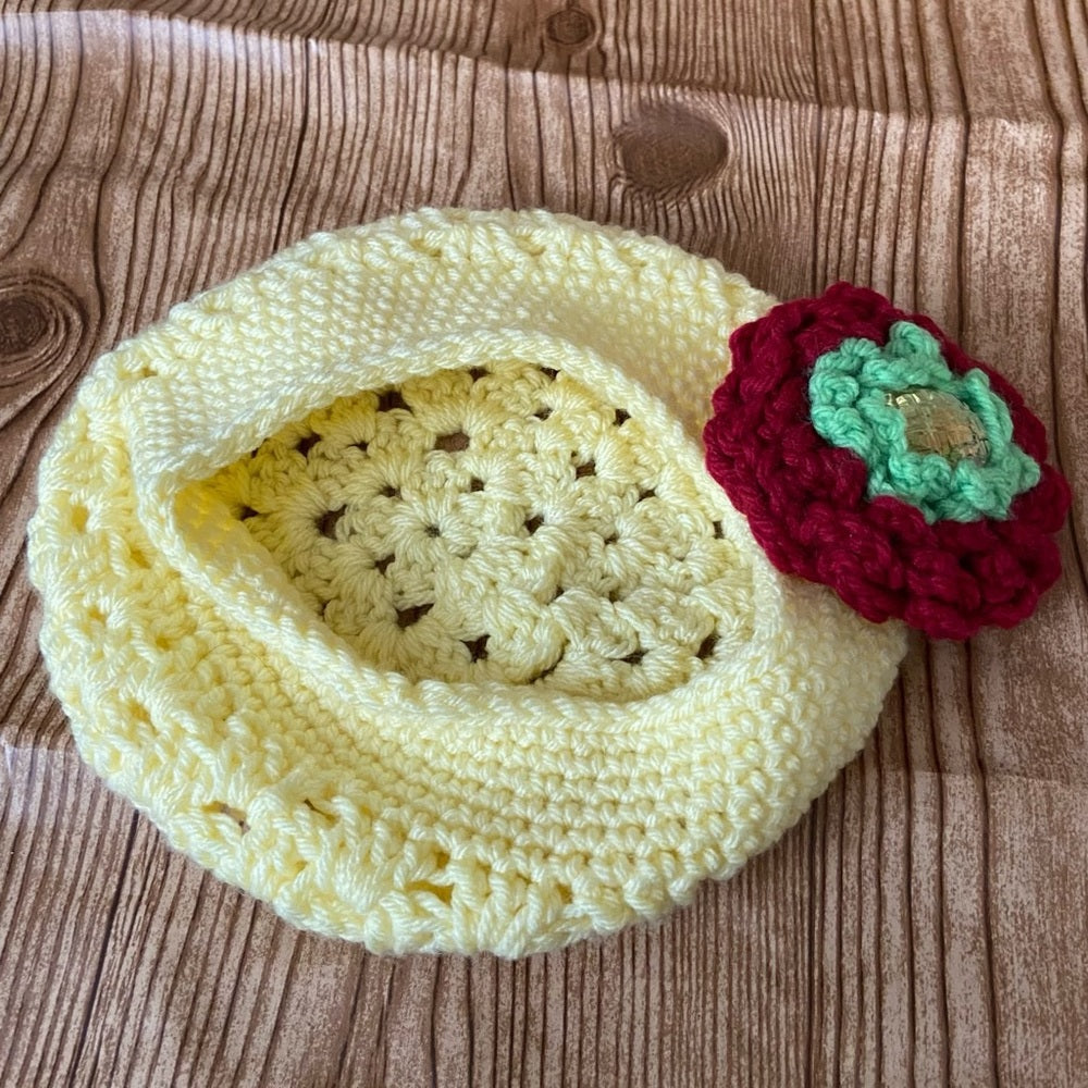 Elegant, Tri-color Knitted- Yellow Beanie Hat with Burgundy Floral Accent (S)