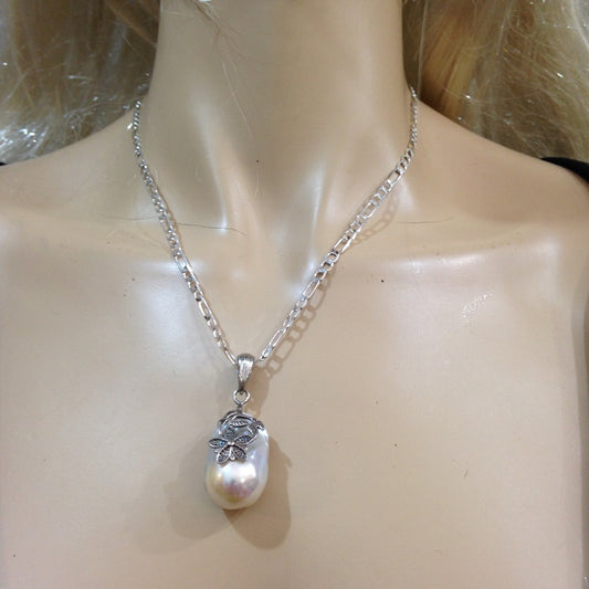 Genuine 1.25in Baroque Pearl With 18in 925 Chain