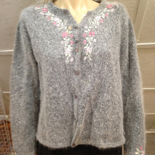 Dressbarn, Gray Floral Silk-Angora Cardigan (L)