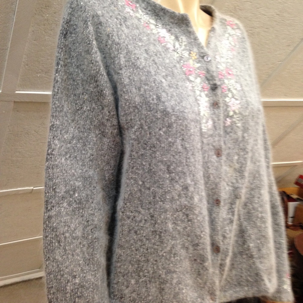 Dressbarn, Gray Floral Silk-Angora Cardigan (L)
