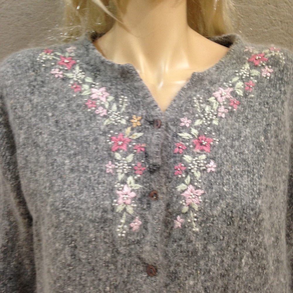Dressbarn, Gray Floral Silk-Angora Cardigan (L)