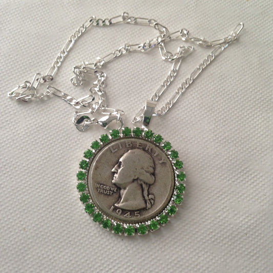 1945 Silver Quarter Dollar Coin, 16in 925 chain