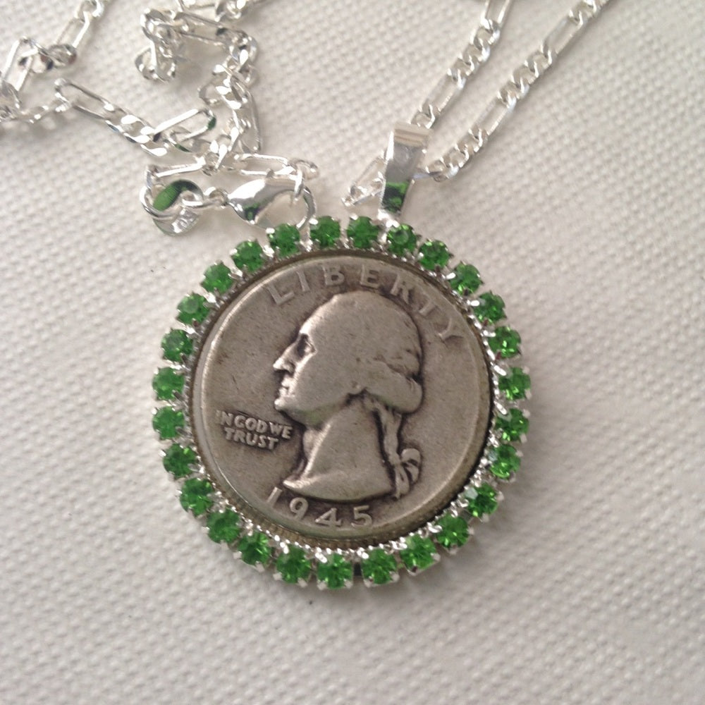 1945 Silver Quarter Dollar Coin, 16in 925 chain