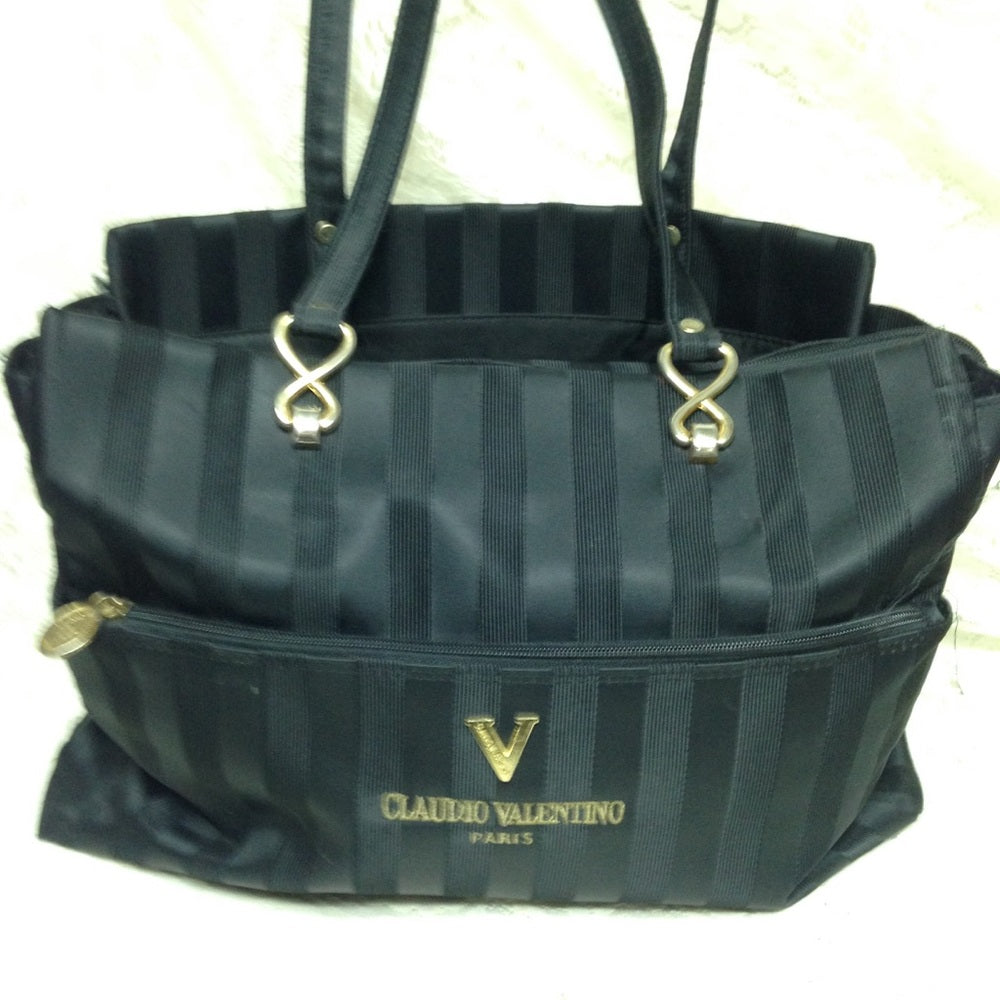 Valentino Black-Gray Stripes Tote Shoulder Bag