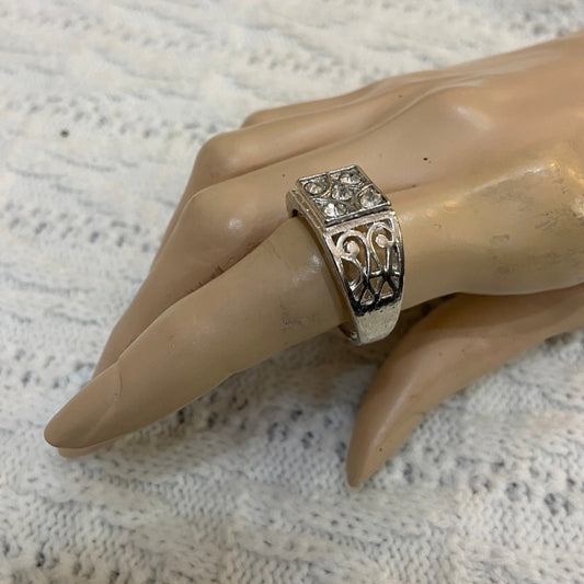 Vintage Silver Unisex-Men's Ring with Rhinestones