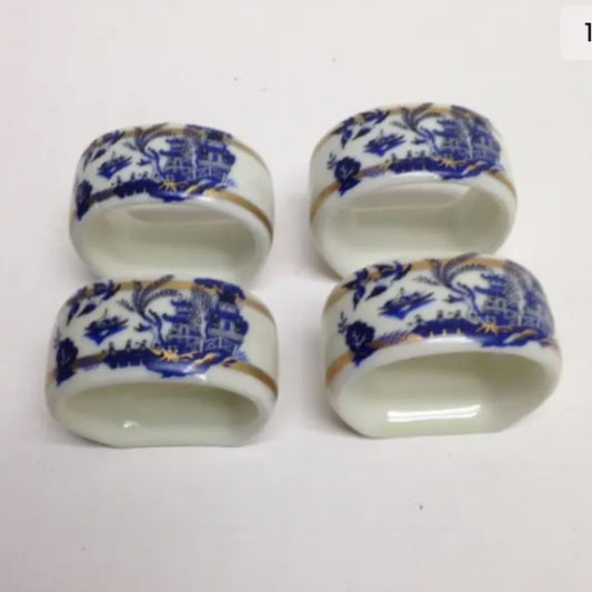 Vintage, 4-pc Blue Willow, Gorham Porcelain Napkin Ring Set