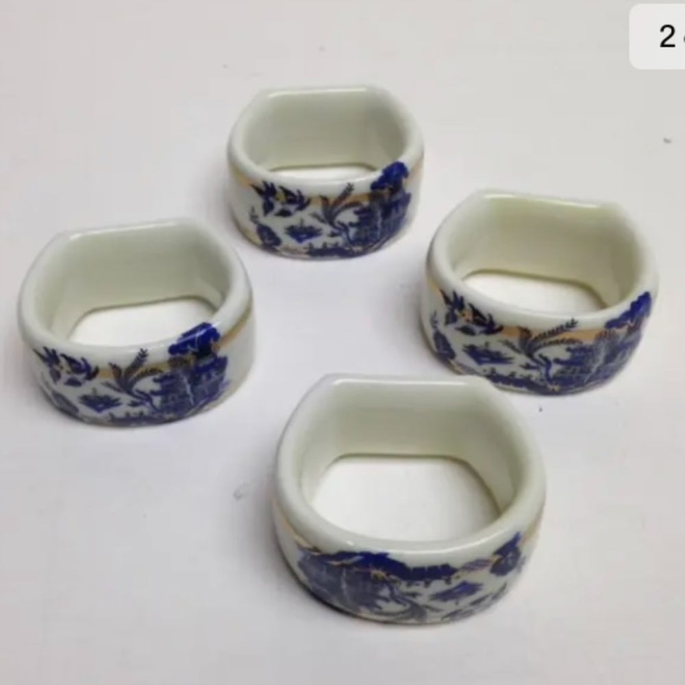 Vintage, 4-pc Blue Willow, Gorham Porcelain Napkin Ring Set