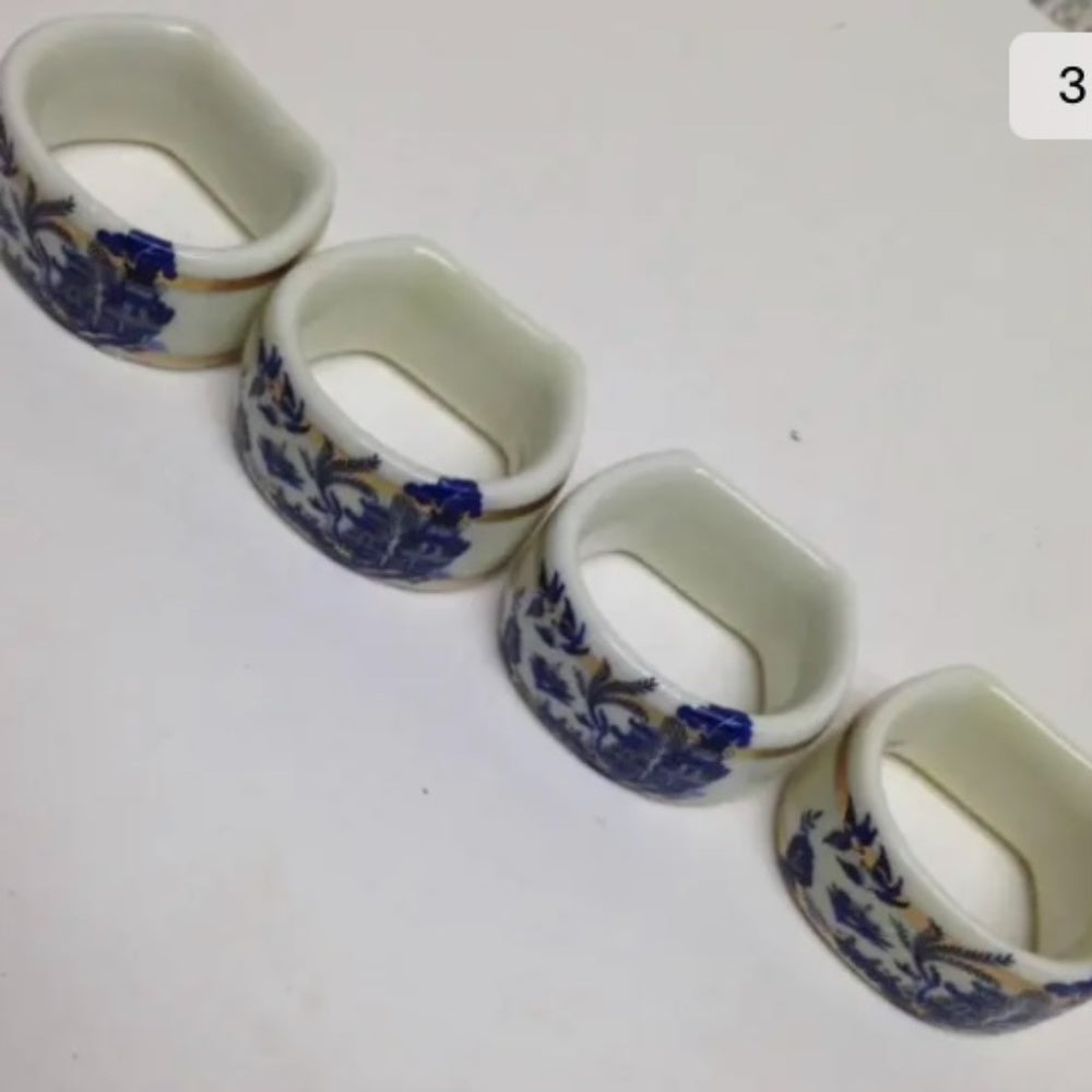 Vintage, 4-pc Blue Willow, Gorham Porcelain Napkin Ring Set