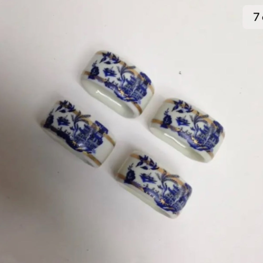 Vintage, 4-pc Blue Willow, Gorham Porcelain Napkin Ring Set