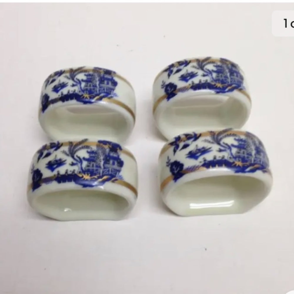 Vintage, 4-pc Blue Willow, Gorham Porcelain Napkin Ring Set