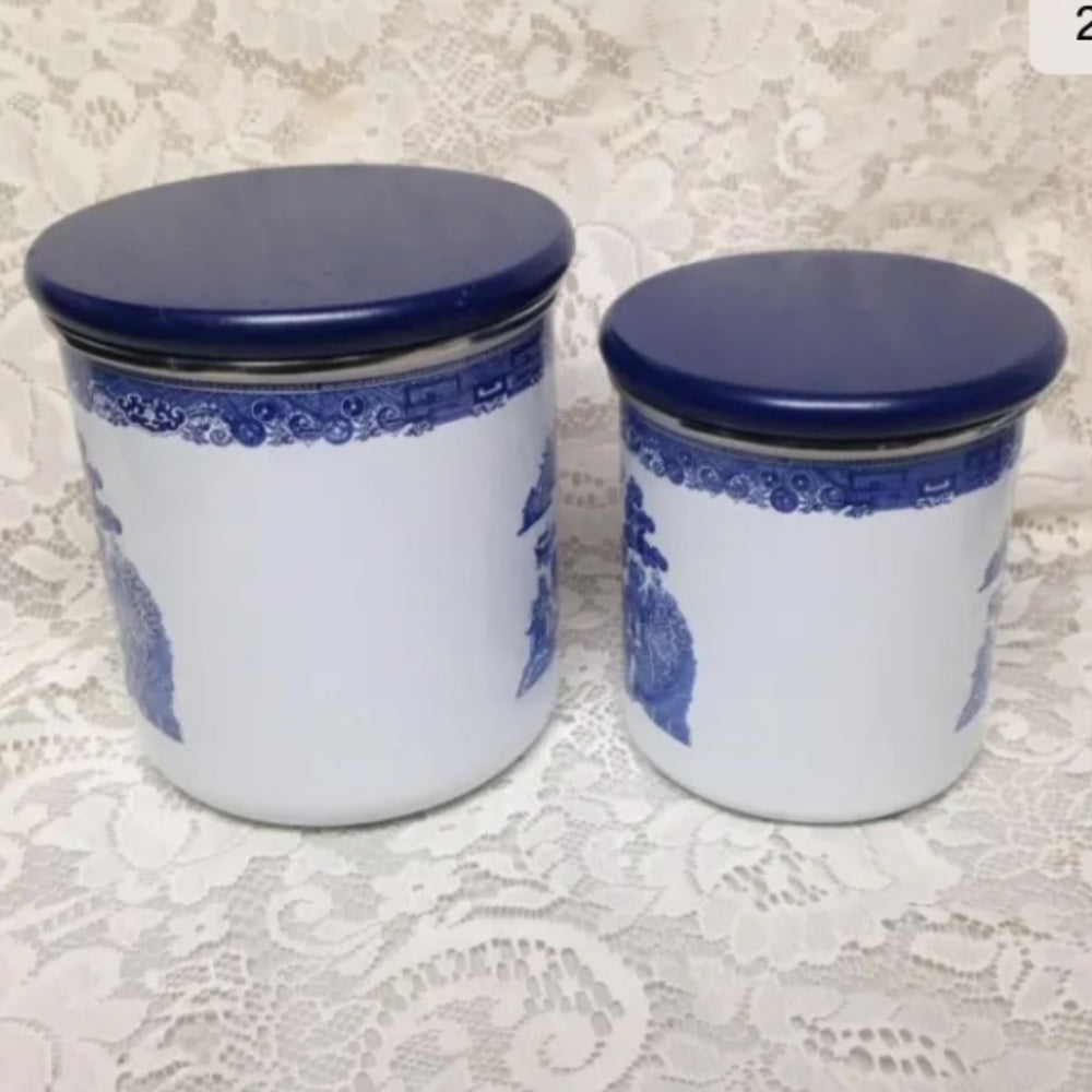 Vintage, Rare, 2pc  Blue Willow Enamelware Canister Set  7in T and 6in T