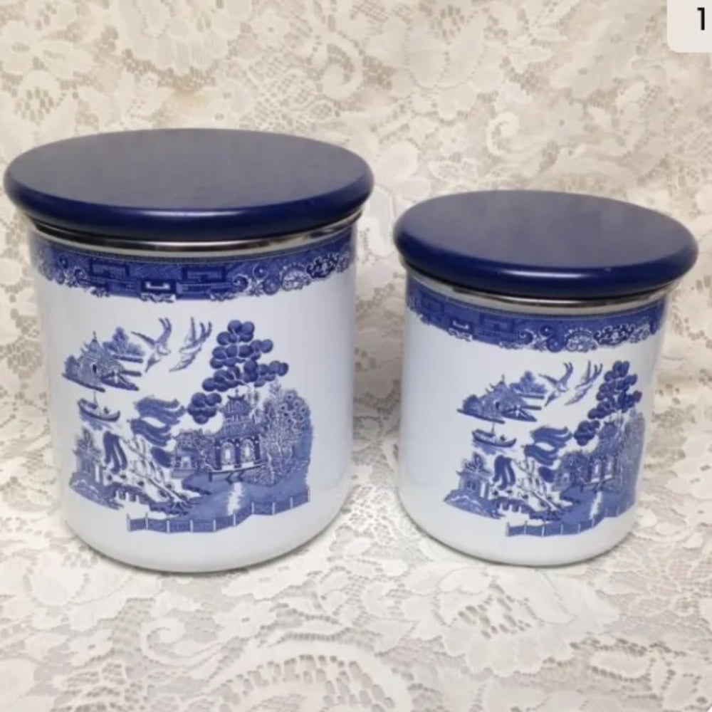 Vintage, Rare, 2pc  Blue Willow Enamelware Canister Set  7in T and 6in T