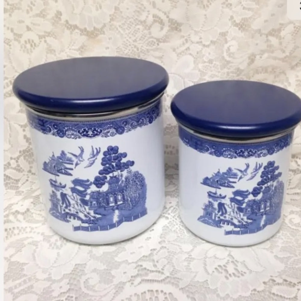 Vintage, Rare, 2pc  Blue Willow Enamelware Canister Set  7in T and 6in T
