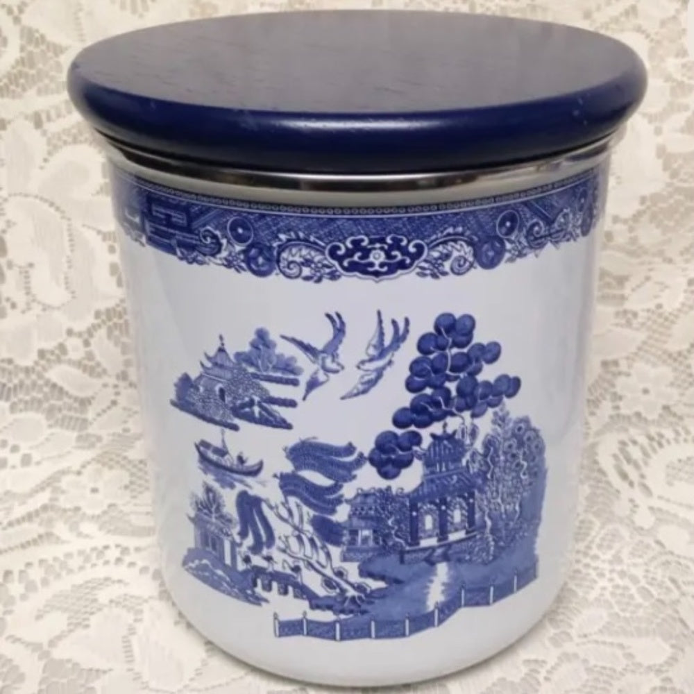 Vintage, Rare, 2pc  Blue Willow Enamelware Canister Set  7in T and 6in T