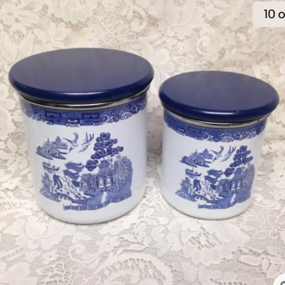 Vintage, Rare, 2pc  Blue Willow Enamelware Canister Set  7in T and 6in T