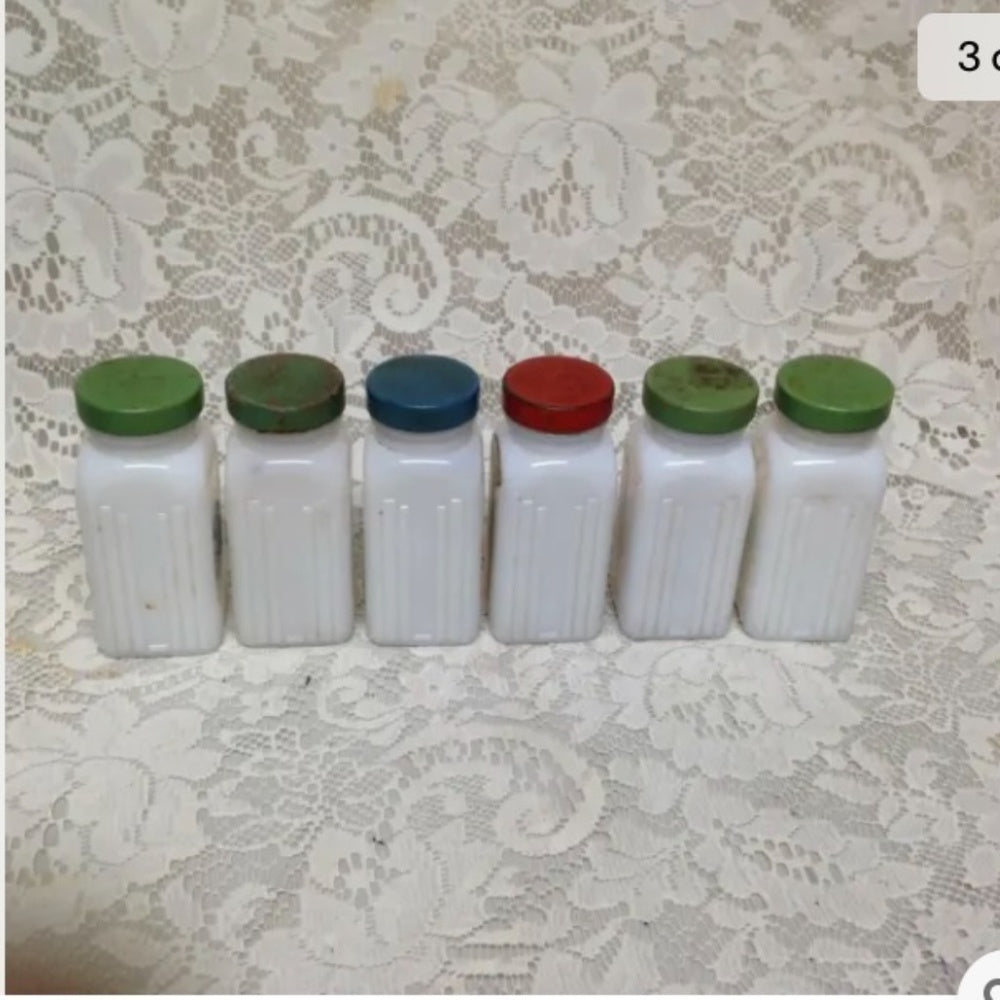 Vintage, 6-pc Blue Willow Milk Glass Shaker or Spice Jar Set with Metal Rack