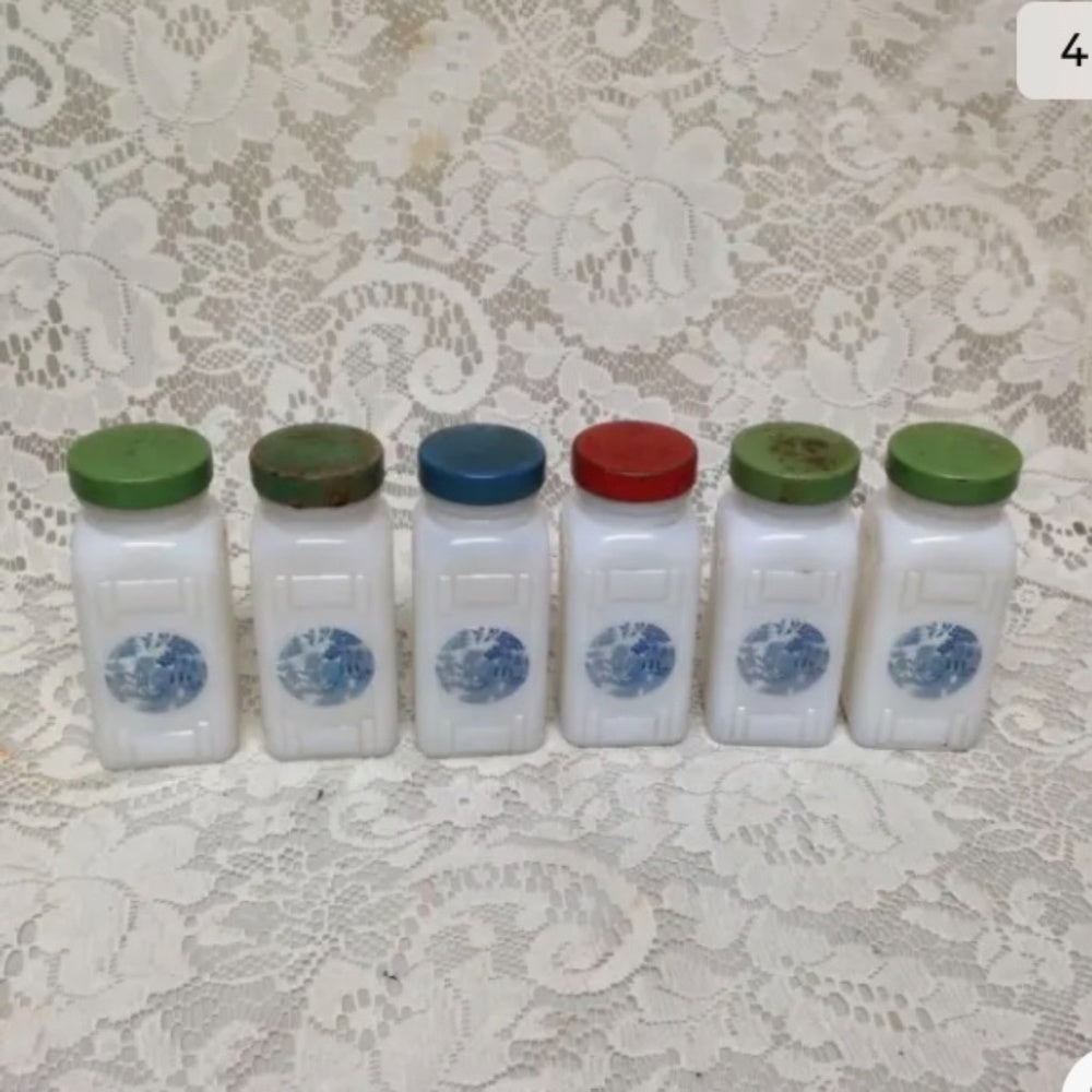 Vintage, 6-pc Blue Willow Milk Glass Shaker or Spice Jar Set with Metal Rack