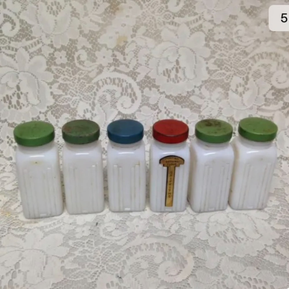 Vintage, 6-pc Blue Willow Milk Glass Shaker or Spice Jar Set with Metal Rack