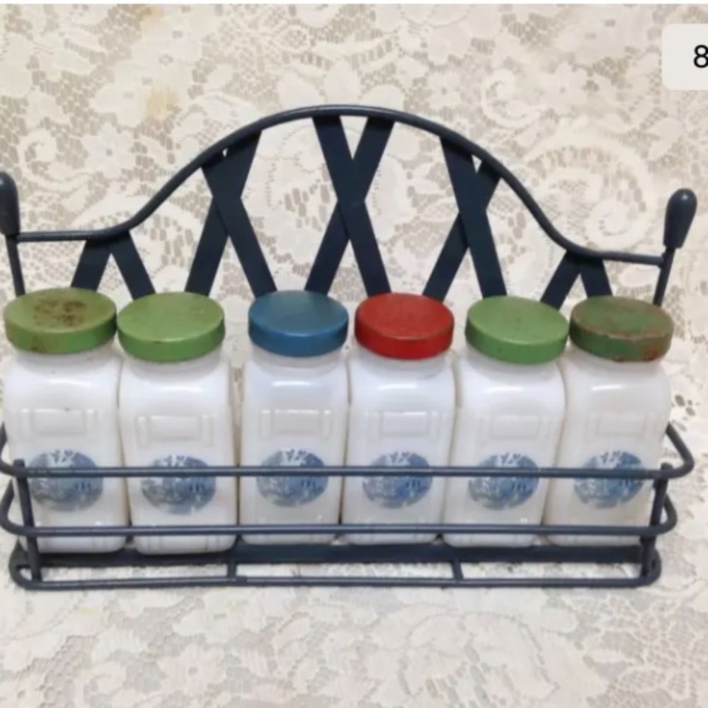 Vintage, 6-pc Blue Willow Milk Glass Shaker or Spice Jar Set with Metal Rack