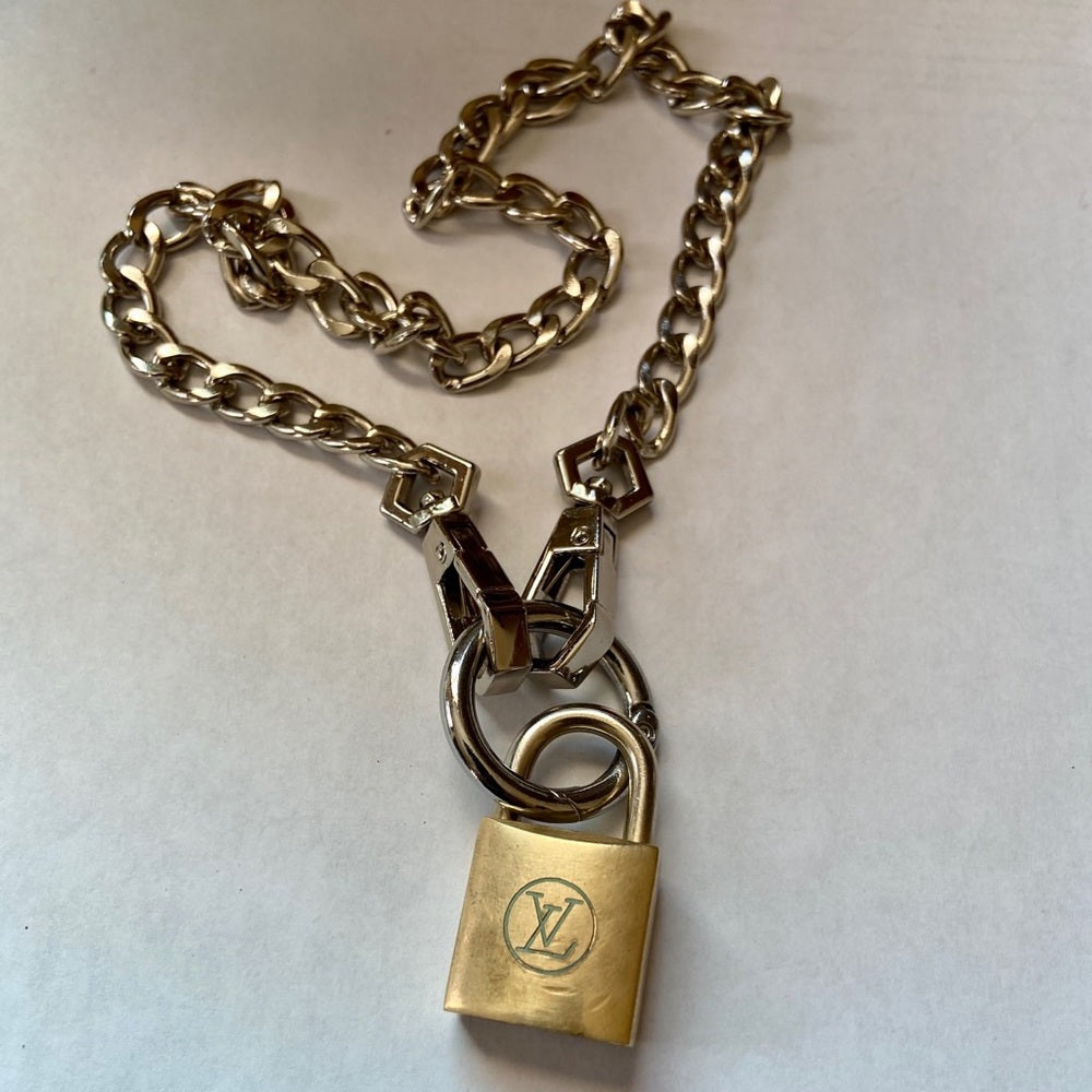 Vintage, Louis Vuitton Brass Padlock with 18-in Silver Tone Chain