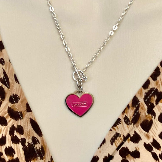 Coach, Shocking Pink Heart Enamel Silver Tone Pendant Necklace