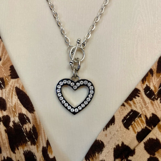 Coach, Heart Paved Rhinestones Silver Tone Pendant Necklace