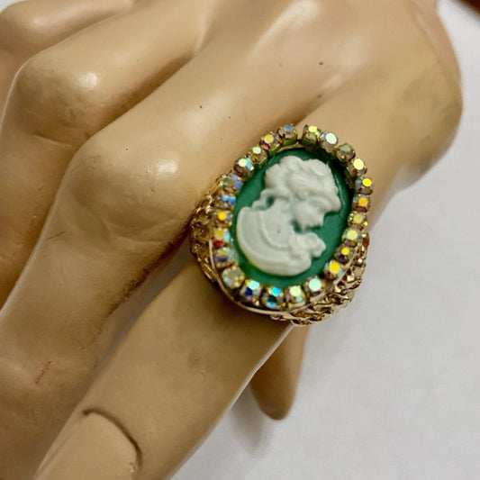 Vintage, Stamped Hobe Green Cameo Adjustable Ring with Rhinestones
