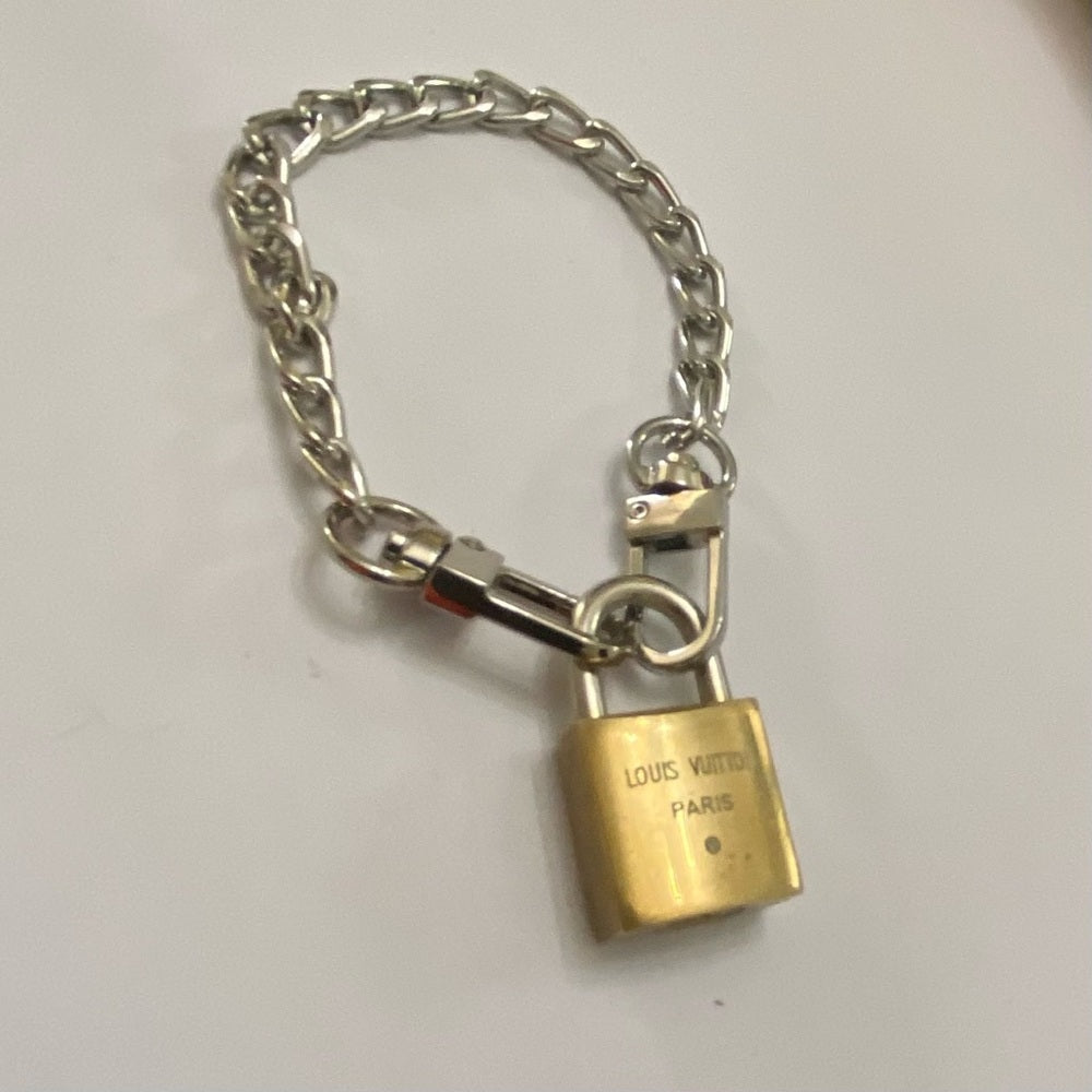 Vintage, Louis Vuitton Brass Padlock with 7-8in Silver Tone Chain Bracelet