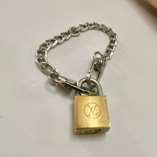 Vintage, Louis Vuitton Brass Padlock with 7-8in Silver Tone Chain Bracelet