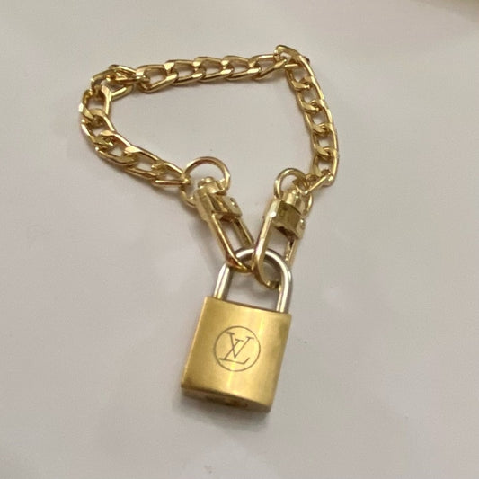 Vintage, Louis Vuitton Brass Padlock with 7-8in Gold Tone Chain Bracelet (A)